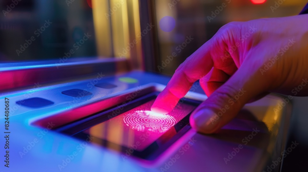 Poster a close-up image of an employee scanning his/her fingerprint into the scanner to enter the security 