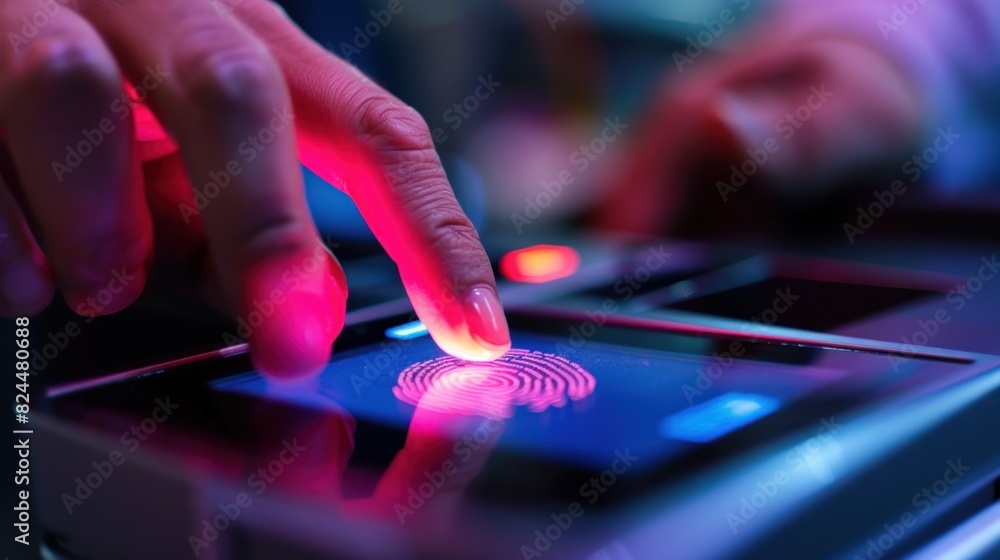 Poster a close-up image of an employee scanning his/her fingerprint into the scanner to enter the security 
