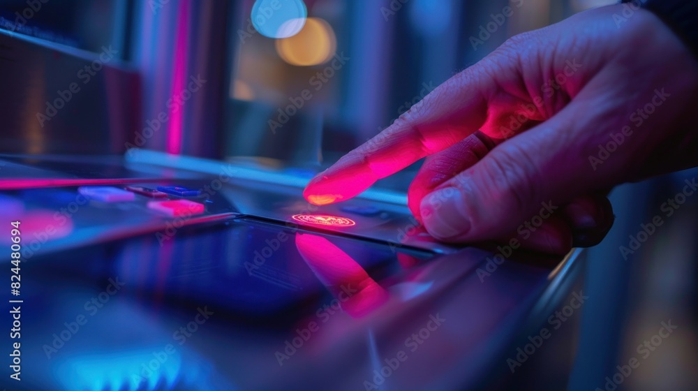 Poster a close-up image of an employee scanning his/her fingerprint into the scanner to enter the security 