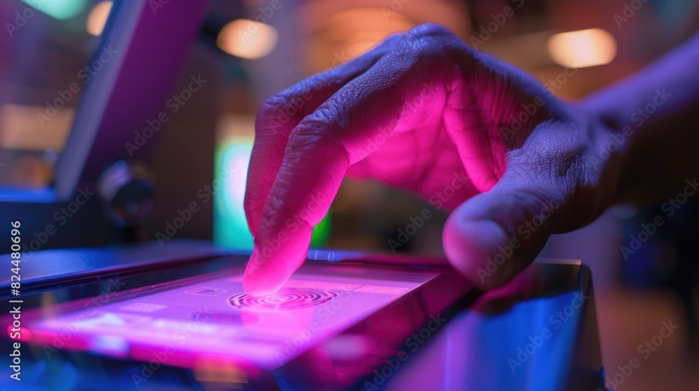 Poster a close-up image of an employee scanning his/her fingerprint into the scanner to enter the security 