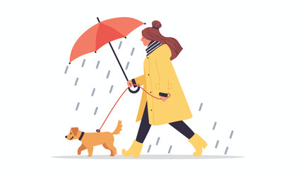 Pet owner walking with cute dog in rain. Woman 