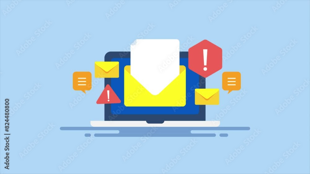 Poster email message spam warning, spamming mail inbox on laptop screen conceptual video animation.