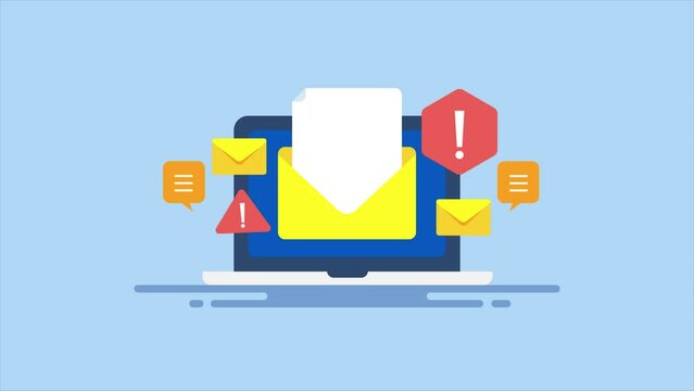 Email message spam warning, spamming mail inbox on laptop screen conceptual video animation.