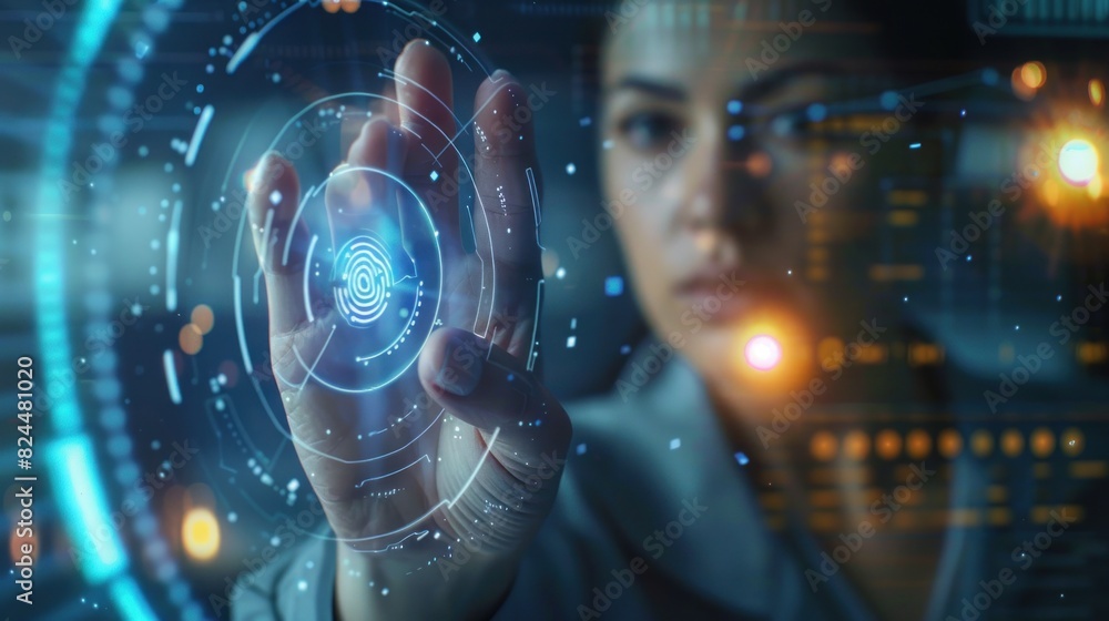 Aufkleber business woman uses fingerprint scan to unlock and access business information network with computer