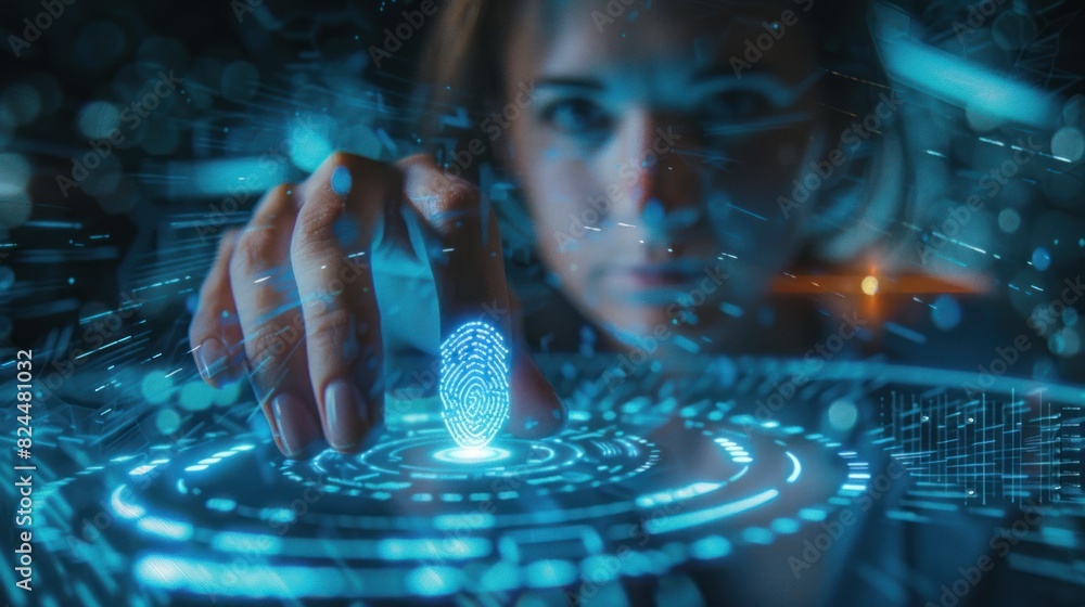 Aufkleber business woman uses fingerprint scan to unlock and access business information network with computer