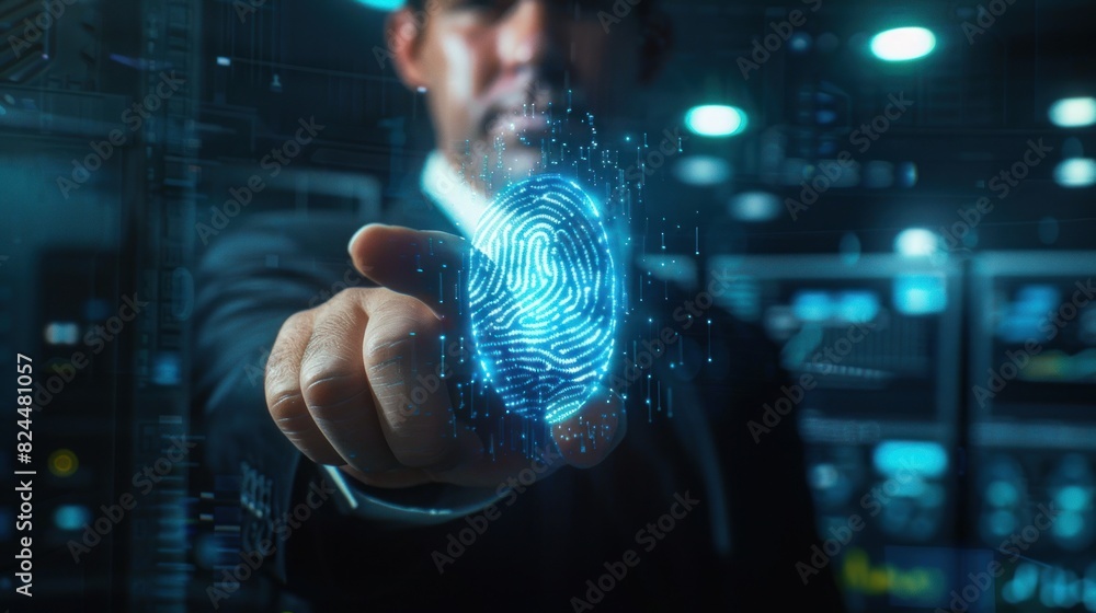 Aufkleber business woman uses fingerprint scan to unlock and access business information network with computer