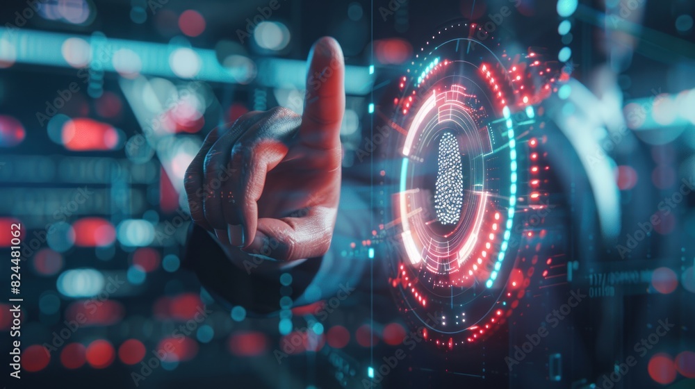 Aufkleber business woman uses fingerprint scan to unlock and access business information network with computer