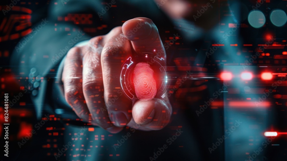 Poster business woman uses fingerprint scan to unlock and access business information network with computer