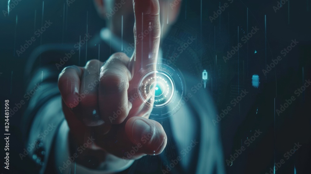 Poster business woman uses fingerprint scan to unlock and access business information network with computer