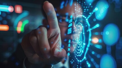 Business woman uses fingerprint scan to unlock and access business information network with computer