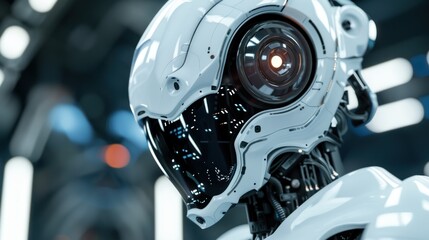 Fototapeta premium Close-up 3D rendering of droid AI research and cyborg development to design people's future digital data mining