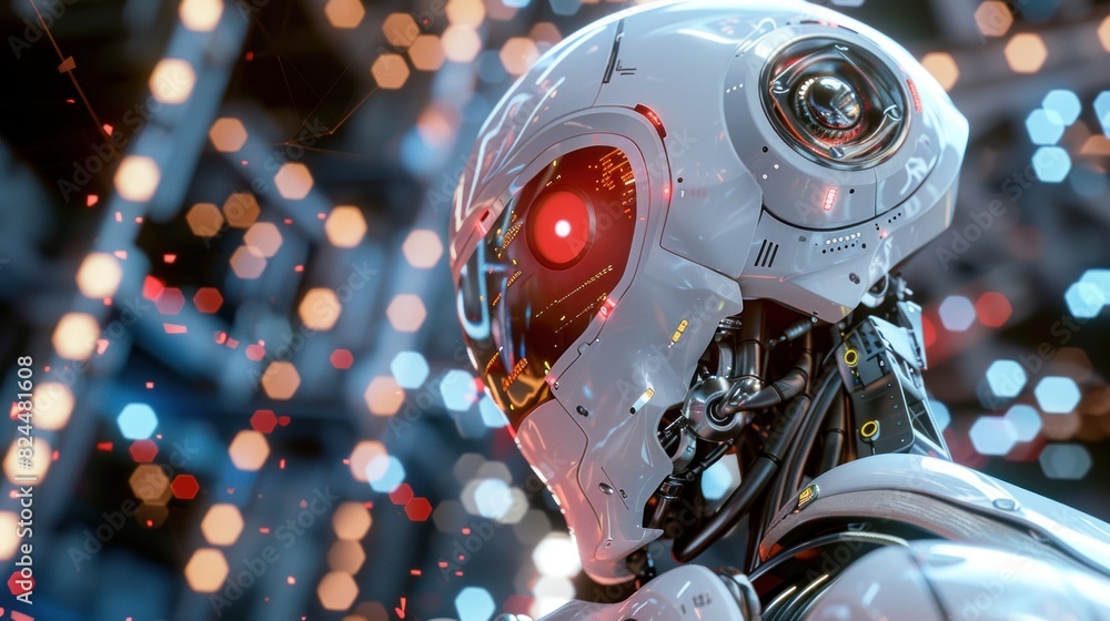 Poster close-up 3d rendering of droid ai research and cyborg development to design people's future digital 