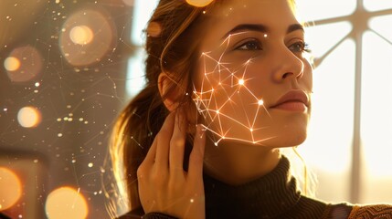 Creative trend collage of attractive woman touch neck artificial intelligence scanning face brown color background