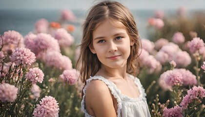 Portrait of a beautiful young girl  between magnolia flowers in full blossom 