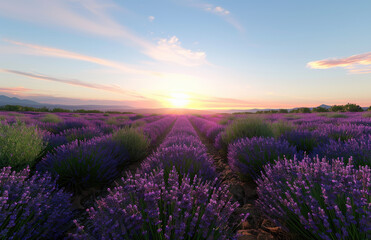 Beautiful lavender flower field at sunset, a panoramic view of the endless sea of purple flowers in summer. The sky is blue and white clouds float gently above. Created with Ai