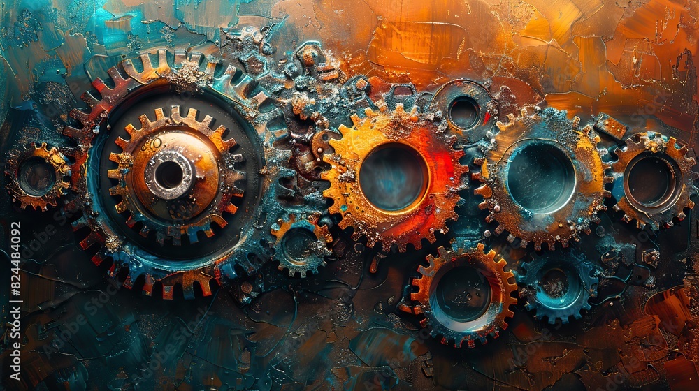 Poster a conceptual painting of interconnected gears with a growing chart, symbolizing the mechanics of pro