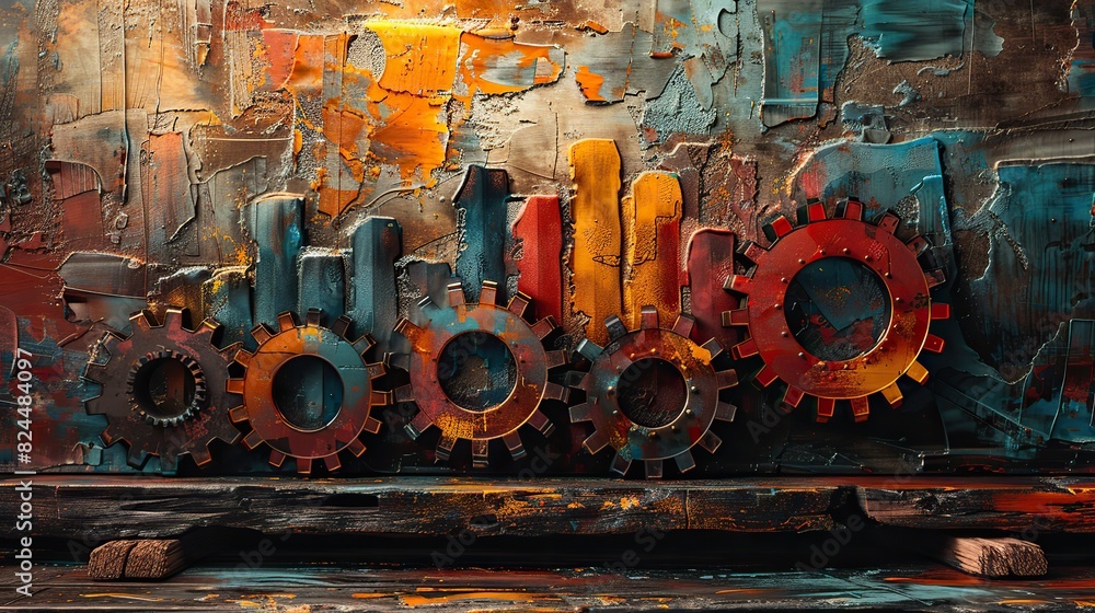 Poster a conceptual painting of interconnected gears with a growing chart, symbolizing the mechanics of pro