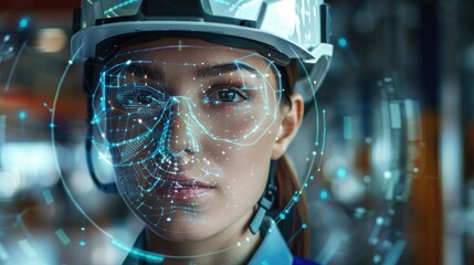 Full face portrait of female engineer wearing safety helmet View camera for facial recognition system with facial recognition interface and 3D scanning on the background of a futuristic building
