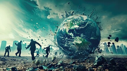 People running from a giant green and blue earth globe rolling towards them. AIG535