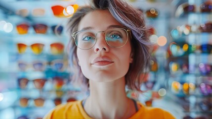 A woman with colourful hairstyle is into the eyewear selection, fashion and optical precision. A girl tries on glasses, standing in front of a display of various eyeglass frames in an optometry shop