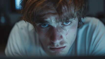 Emotive scene An unemployed individual staring at a computer screen, with tears streaming down their face, feeling defeated