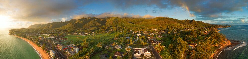 Hawaiian Oahu Kawela Bay Beach during golden hour from top