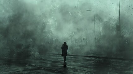 Evocative image A person walking aimlessly on a deserted street, burdened by the weight of unemployment