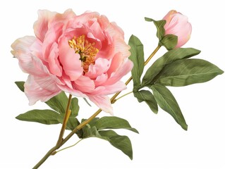 Close-up of a delicate pink peony flower with a bud and lush green leaves, symbolizing beauty and nature.