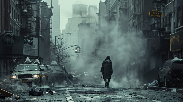 Evocative image A person walking aimlessly on a deserted street, burdened by the weight of unemployment