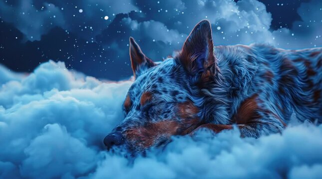 Cute dog sleeping peacefully on a fluffy cloud in a dreamy sky
 Seamless looping 4k time-lapse virtual video animation background. Generated AI