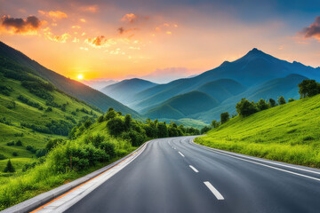 Naklejka premium Asphalt highway road and mountain natural scenery at sunrise. panoramic view.