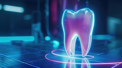 Picture of one tooth with hologram. Medical concept. new technology