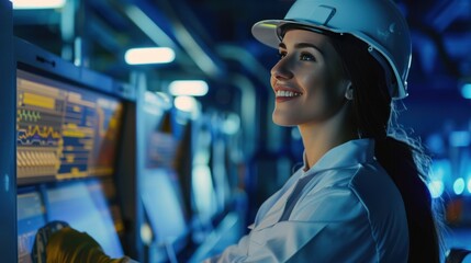 Smiling female engineer looking at facial scanning camera to operate system industrial data security - Powered by Adobe