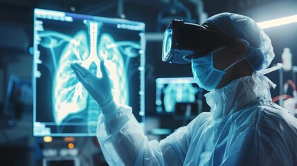 Surgeon uses virtual reality VR glasses to check patient's lung status, floating virus detection, 3D animation future advanced technology