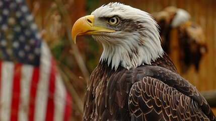 Naklejka premium Close-up of a majestic bald eagle with an American flag backdrop, symbolizing patriotism.