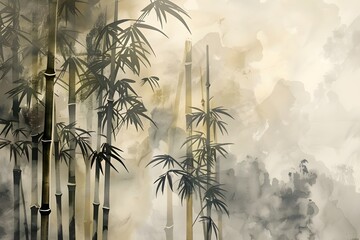 sketch of a bamboo tree. bamboo. oriental. Hand edited. Painting of bamboo in watercolour Towering bamboo trees among a hazy, monochrome woodland
