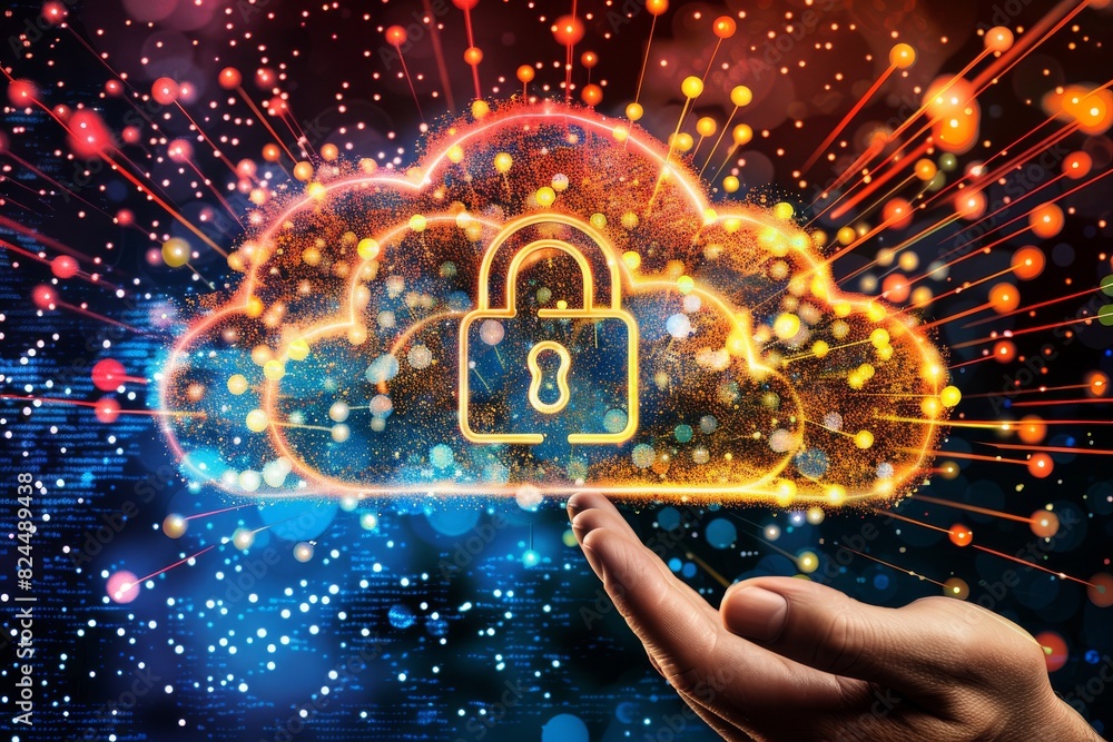 Aufkleber advanced cloud security with glowing circuits and modern digital protection systems.