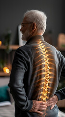 Senior Man with Back Pain and Highlighted Spine Illustration in Contemporary Living Room