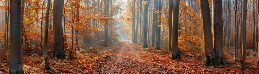 Obraz premium Autumn Forest Path with Sunlight Rays