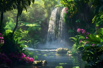 a park waterfall Calm Rainforest Waterfall Oasis: A secret tropical haven with vivid, lush vegetation and a breathtaking waterfall shot in lifelike... A dense vegetation surrounds a secret waterfall t