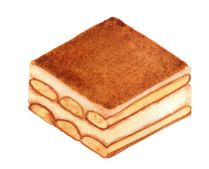Tiramisu watercolor illustration. Hand drawn image of a traditional Italian coffee cake on an isolated background. For menu and pastry design