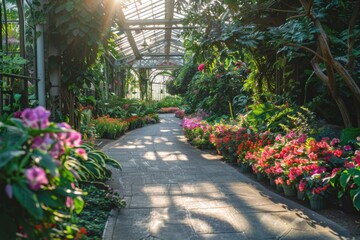 Obraz premium Sunlit Pathway in Vibrant Greenhouse Garden