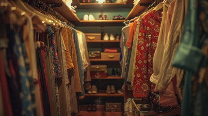 commercial photo, close-up, walk-in closet items, bottom view, soft light