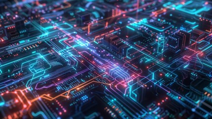 Obraz premium Close-Up of Electronic Circuit Board with Glowing Elements