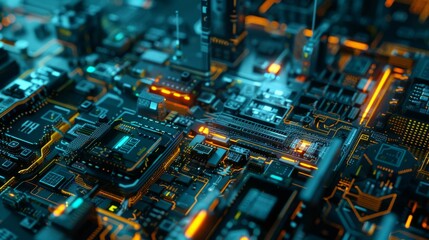 Fototapeta premium Close-Up of Electronic Circuit Board with Glowing Elements