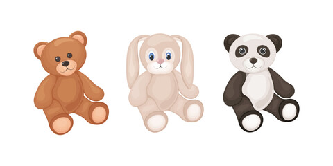 Soft toys. Children s toys such as a teddy bear, a bunny and a panda. A collection of children s soft toys. Vector illustration