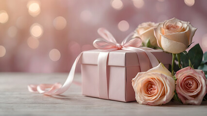 Pink gift box with ribbons among vibrant flowers on a glowing pink background. Dreamy floral composition with bokeh effect for celebration.