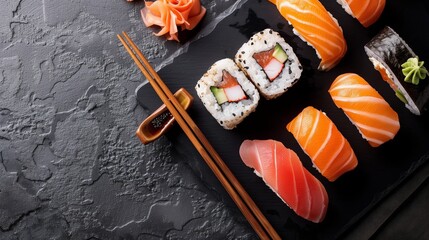 Top View of Sushi Set on Black Slate Plate with Chopsticks - High Detail Japanese Cuisine Concept