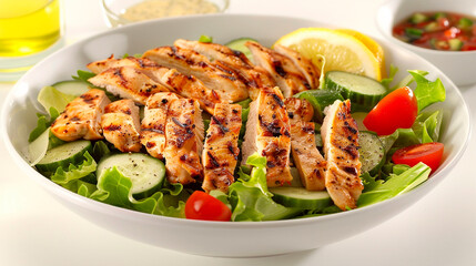 A white bowl filled with grilled chicken, tomatoes, cucumbers, and lettuce