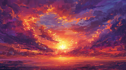 Fototapeta premium Sky melds vibrant orange, purple, and red hues in a spectacular sunset.